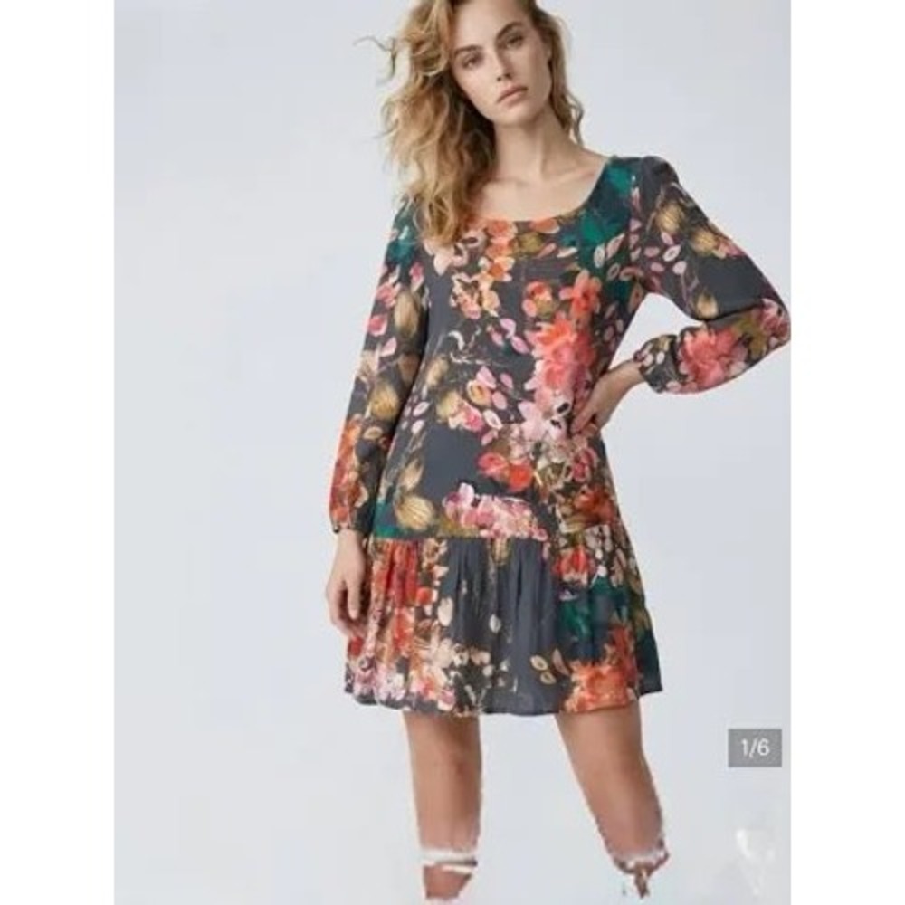 Meadow Rue Anthropologie Floral Drop Waist Mini Dress Grey Long Sleeve Size 8